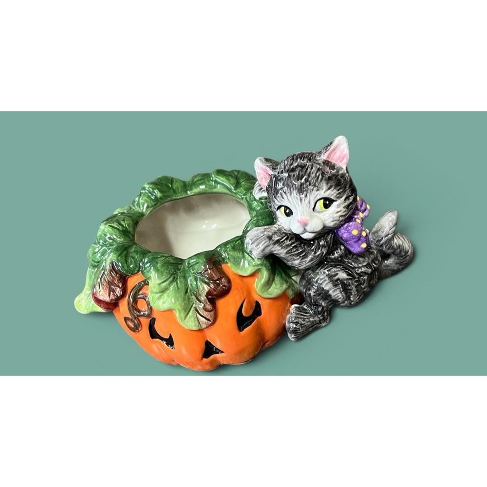 Fitz & Floyd Essentials Candy Bowl Halloween Pumpkin Black Cat Jack-O-Lantern